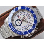 Rolex Yacht-Master series, white dial, blue bezel, silver case, 44mm, silver Oyster bracelet.